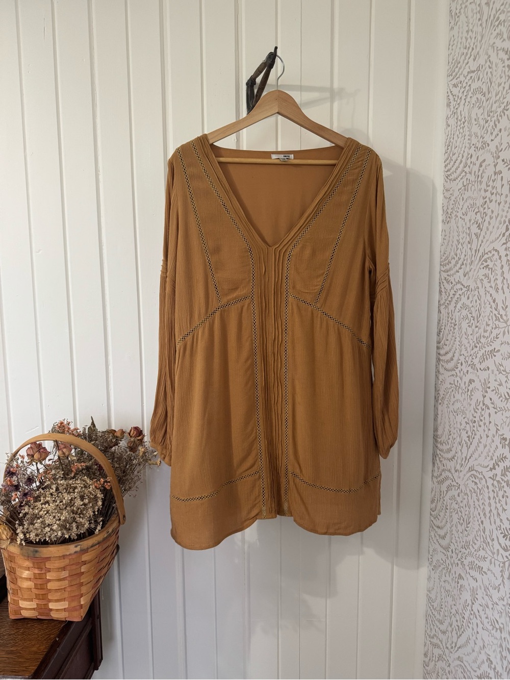Amuse Society Ochre Boho Gauze Lace Inset Tunic Dress M